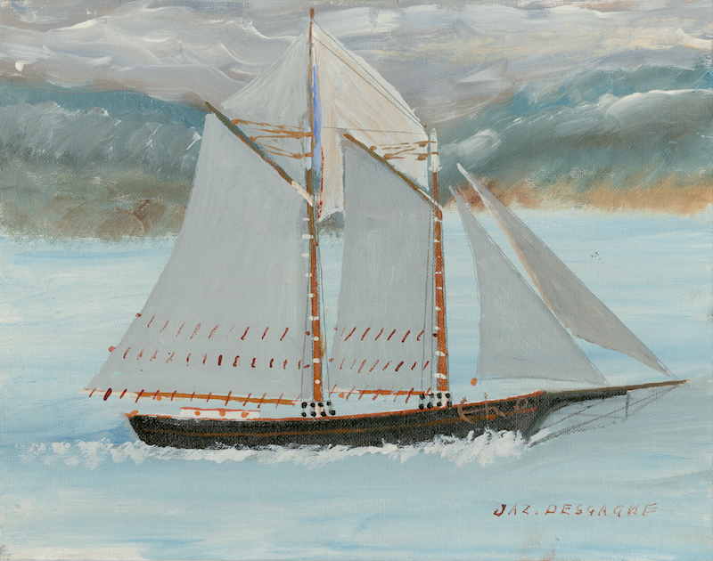 A naïve painting of a sailboat on a calm sea. The schooner’s hold is black, its sails are white. The sea is blue with a greyish sky.