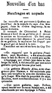 A newspaper article about the drowning death of Captain Joseph Desgagnés in the waters of the Saguenay River.