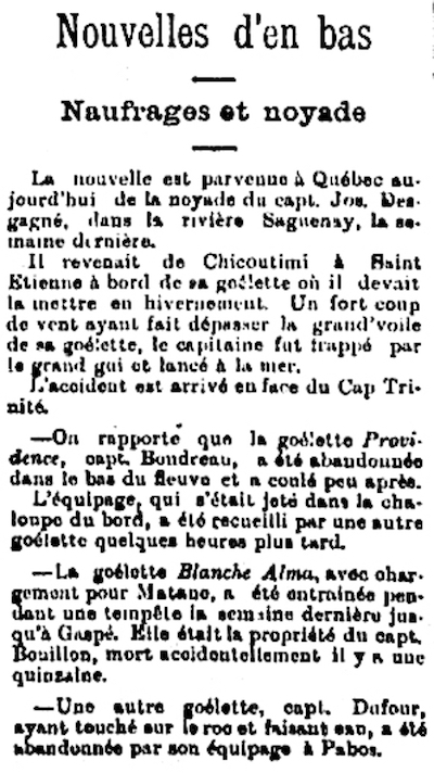 A newspaper article about the drowning death of Captain Joseph Desgagnés in the waters of the Saguenay River.