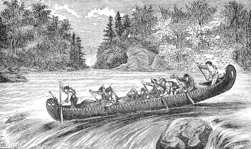 An antique black and white print depicting 10 men aboard a canoe or rabaska. They are about to run the rapids. There are trees and a boulder in the background.