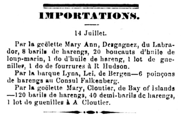A newspaper article describing the cargo of Zéphirin Desgagnés’ schooner, the Mary Ann.