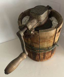 Wooden Ice Cream Churn with metal insert and wooden handle.