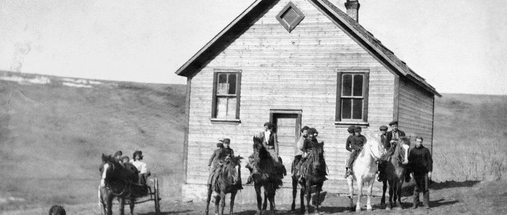 Five horses lined up in front of school. Two children atop each. One horse and buggy with three children riding and a dog.