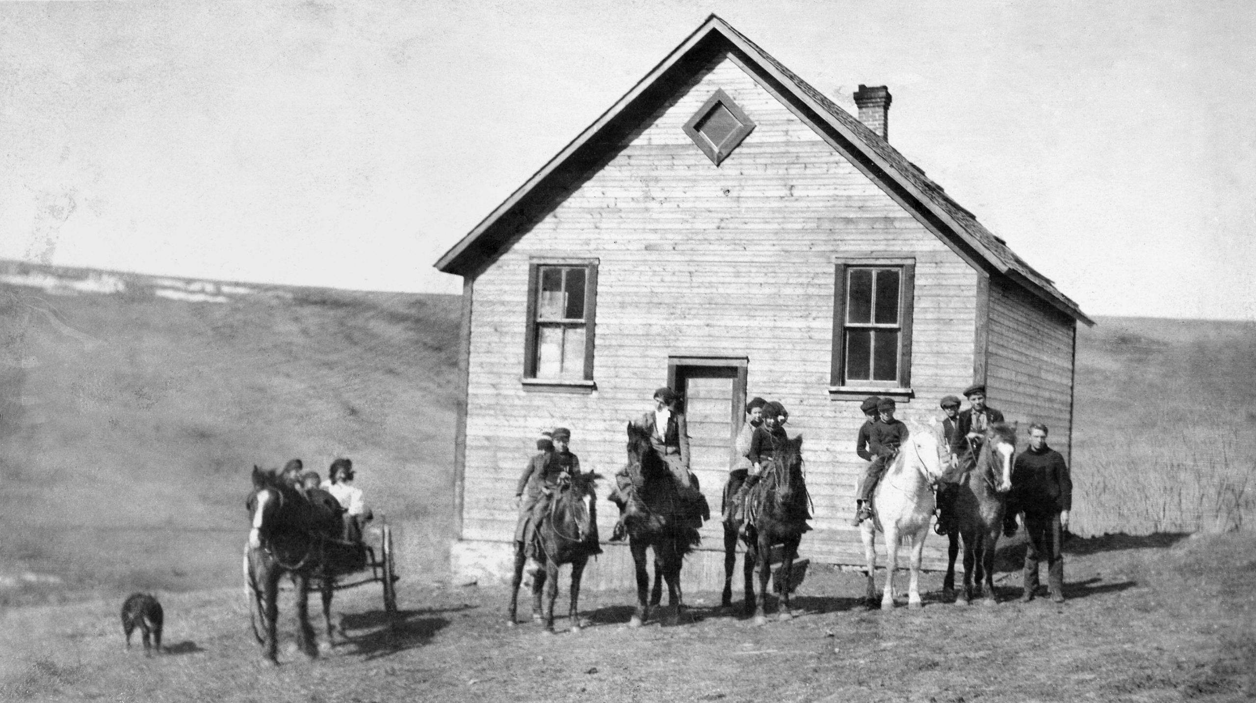Five horses lined up in front of school. Two children atop each. One horse and buggy with three children riding and a dog.