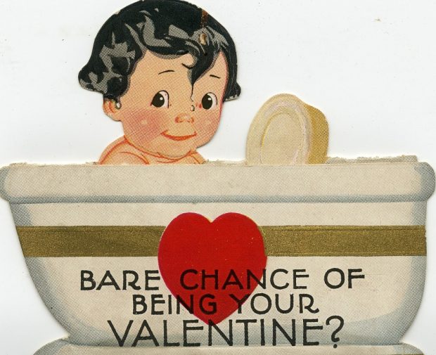 Little girl peeking over bathtub with heart, Caption, Bare chance of being your valentine?