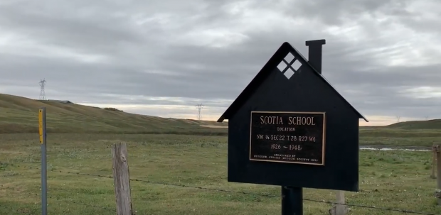 Sign in field marking site of Scotia School, 1926-1948