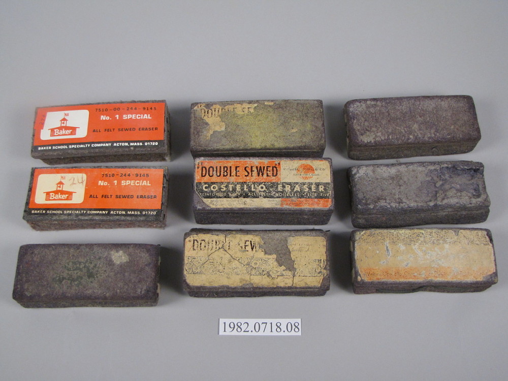Nine felt board erasers, two with Baker labels and three labeled Costello Eraser