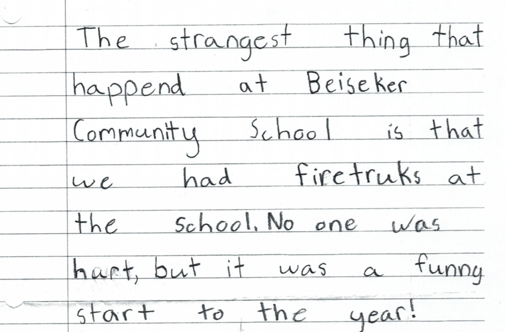 Story written in child's handprint of false alarm in school.