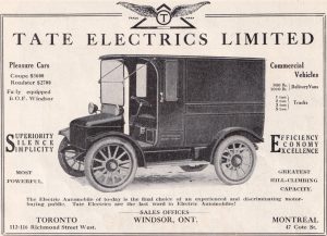 Advertising image showing a boxy electric delivery truck. Caption reads “TATE ELECTRICS LIMITED / The Electric Automobile of to-day is the final choice of an experienced and discriminating motor-buying public. Tate Electrics are the last word in Electric Automobiles.”