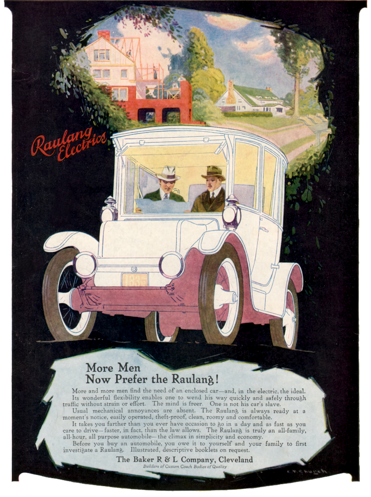 Colour advertising image showing two businessmen driving an electric car in a suburban setting. Headline reads “More Men Now Prefer the Raulang!”