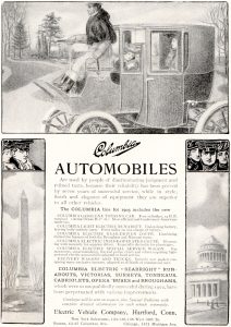 Black and white advertisement with drawings of a chauffeured automobile, and images of Washington landmarks. Headline reads 