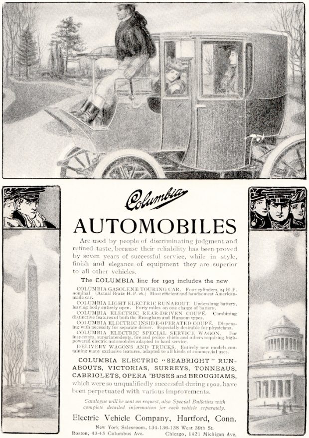 Black and white advertisement with drawings of a chauffeured automobile, and images of Washington landmarks. Headline reads Columbia Automobiles are used by people of discriminating judgement and refined taste.