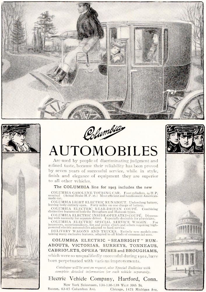 Black and white advertisement with drawings of a chauffeured automobile, and images of Washington landmarks. Headline reads "Columbia Automobiles are used by people of discriminating judgement and refined taste".