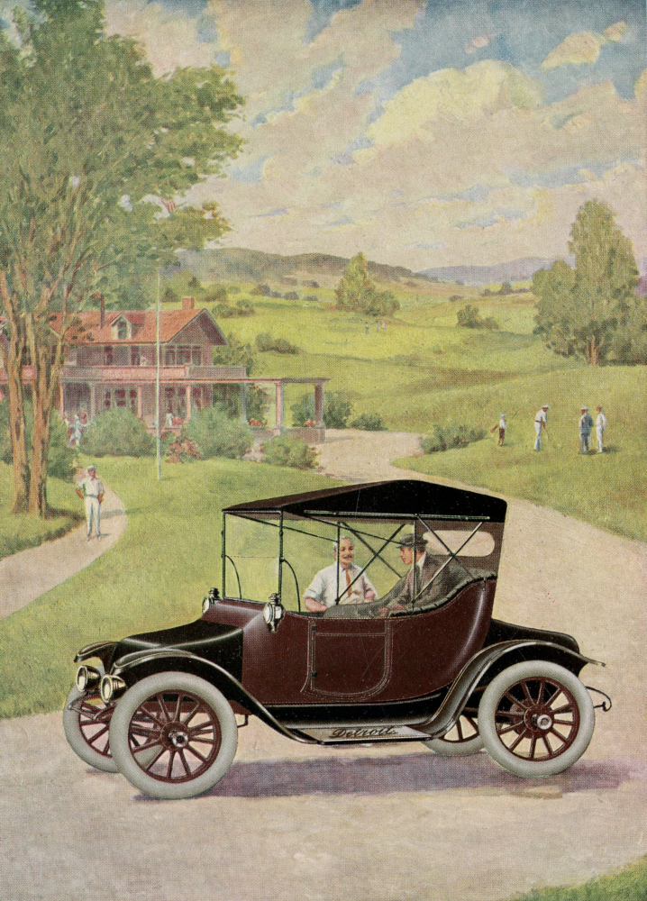 Colour advertising illustration of two well-dressed men gathered around a convertible-top electric car, in front of a pastoral scene of a golf course.