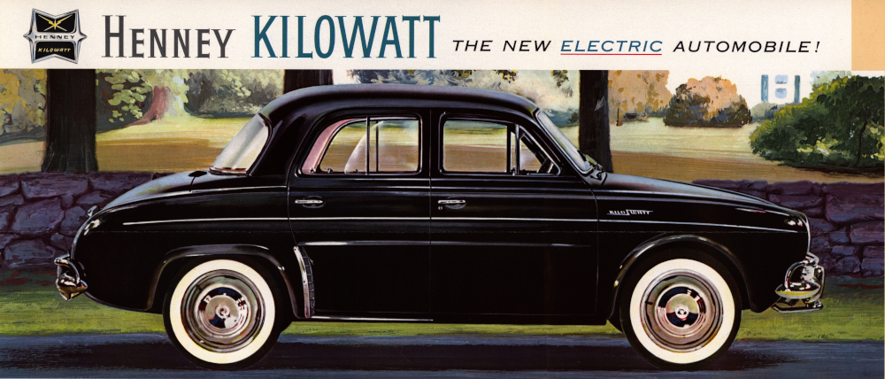 Publicité en couleur d'une voiture de tourisme décorée d’un logo avec un l'éclair. Le titre indique: HENNEY KILOWATT / LA NOUVELLE AUTOMOBILE ÉLECTRIQUE !