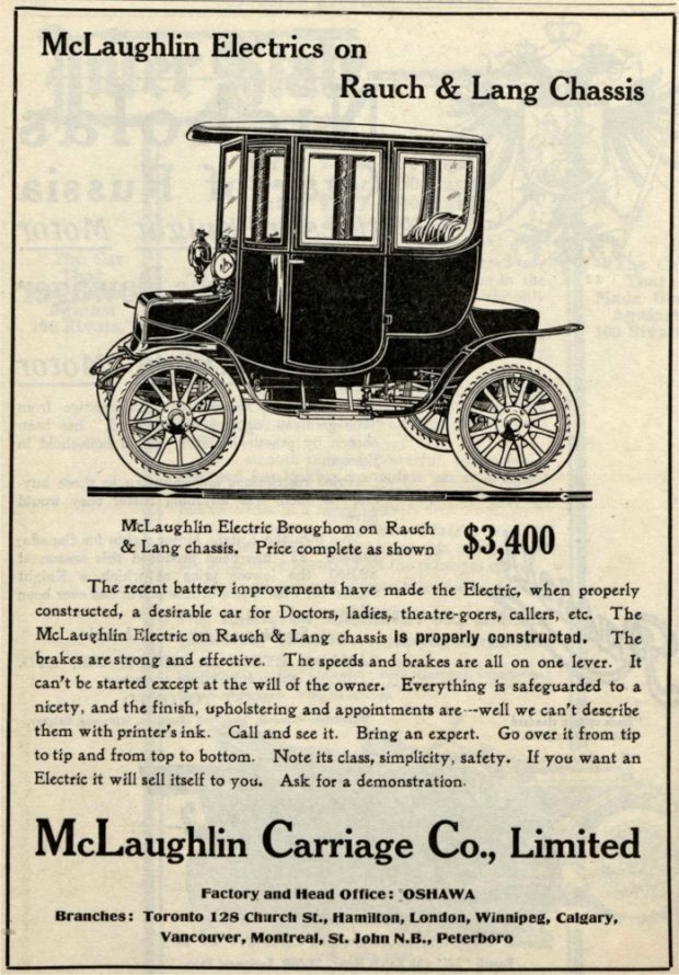 Advertising of a boxy electric car. Headline reads “McLaughlin Electrics on Rauch & Lang Chassis”