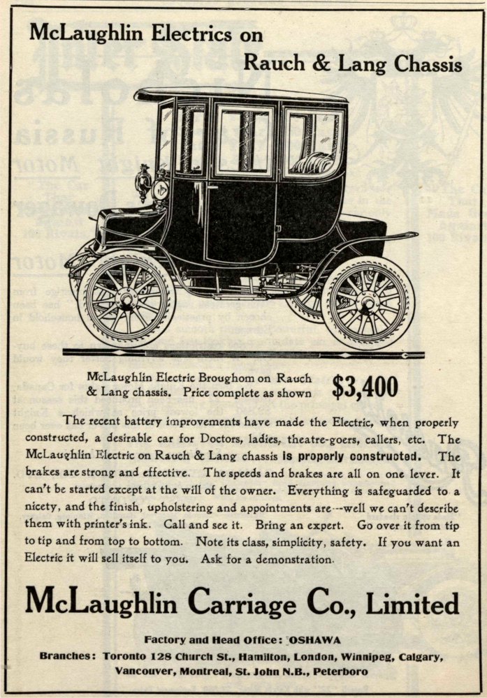 Advertising of a boxy electric car. Headline reads “McLaughlin Electrics on Rauch & Lang Chassis”