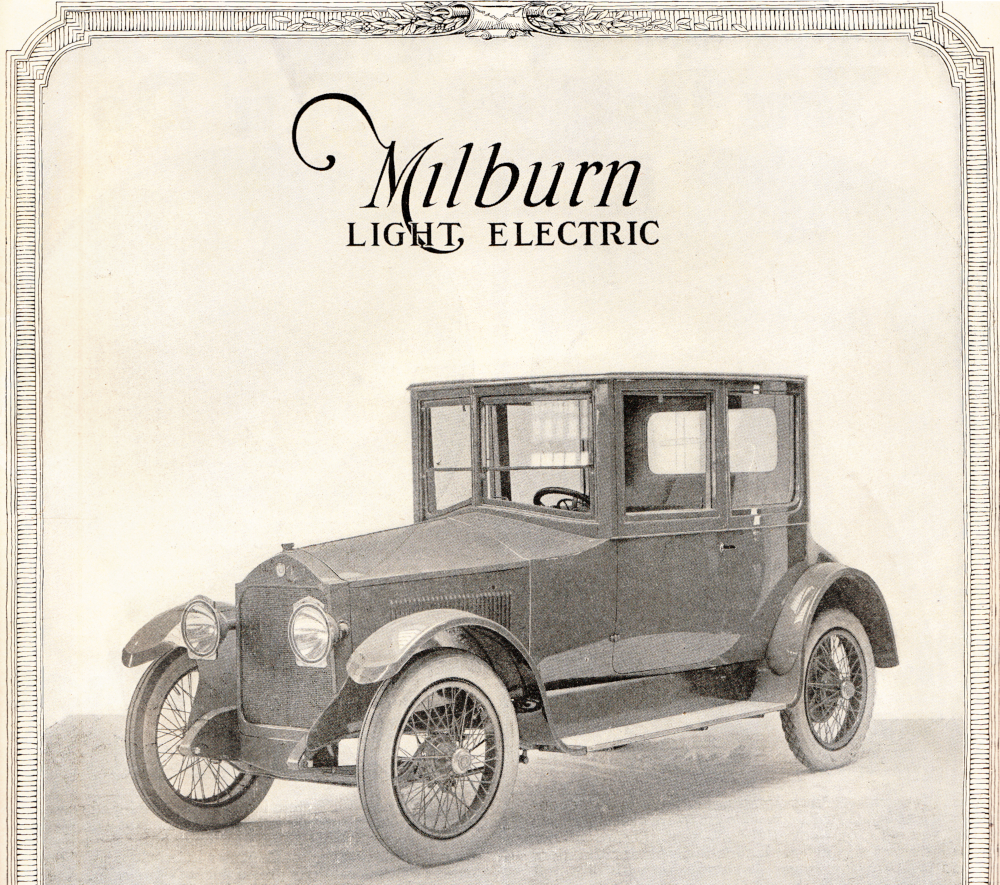 Black and white photograph of a boxy electric car designed to resemble a gasoline automobile. Headline reads "Milburn Light Electric"
