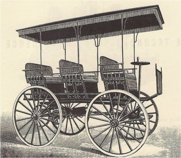 Woodcut of a six-seater electric vehicle that resembles an open-sided wagon with a canopy roof.