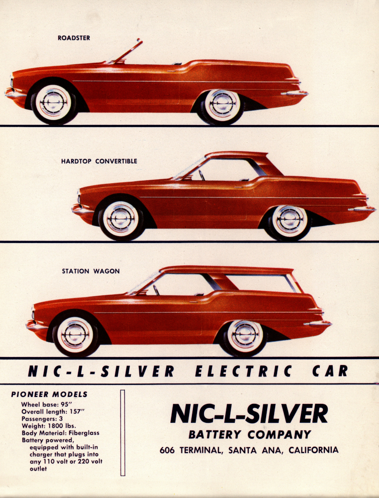 Publicité en couleur montrant des carrosseries de roadsters, de cabriolets et de familiales pour une voiture électrique. Titre : VOITURE ÉLECTRIQUE NIC-L-SILVER.