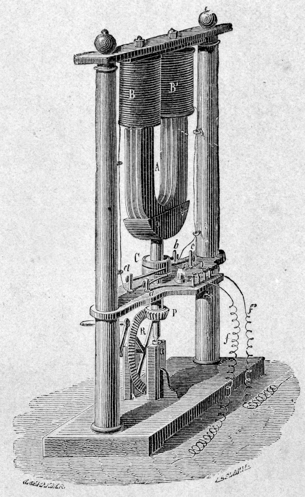 Diagram showing a complicated electrical machine, a horseshoe magnet mounted on gears underneath two wire coils.