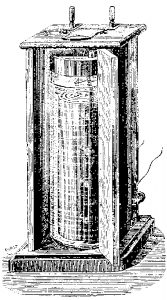 Diagram of a cylindrical glass battery filled with liquid, mounted inside a wooden box.