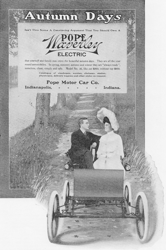 Black and white advertisement showing a man and a woman riding an electric car down a country lane. Headline reads "Autumn Days/ Isn't this a convincing argument that you should own a Pope Waverley Electric".