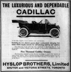 Advertising for an open-topped gasoline car. Headline reads “THE LUXURIOUS AND DEPENDABLE CADILLAC”
