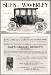 Une voiture électrique à quatre portes ressemblant à une calèche, avec un schéma montrant les cinq sièges intérieurs. Titre : SILENT WAVERLEY ELECTRIC, 1912.
