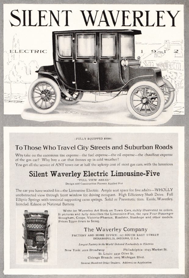 A four-door electric car shaped like a carriage, with a diagram showing the five interior seats. Headline reads SILENT WAVERLEY ELECTRIC 1912