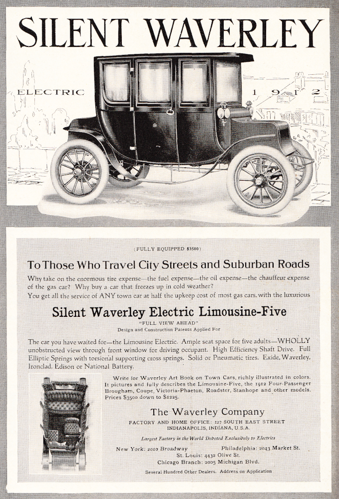 A four-door electric car shaped like a carriage, with a diagram showing the five interior seats. Headline reads "SILENT WAVERLEY ELECTRIC 1912"