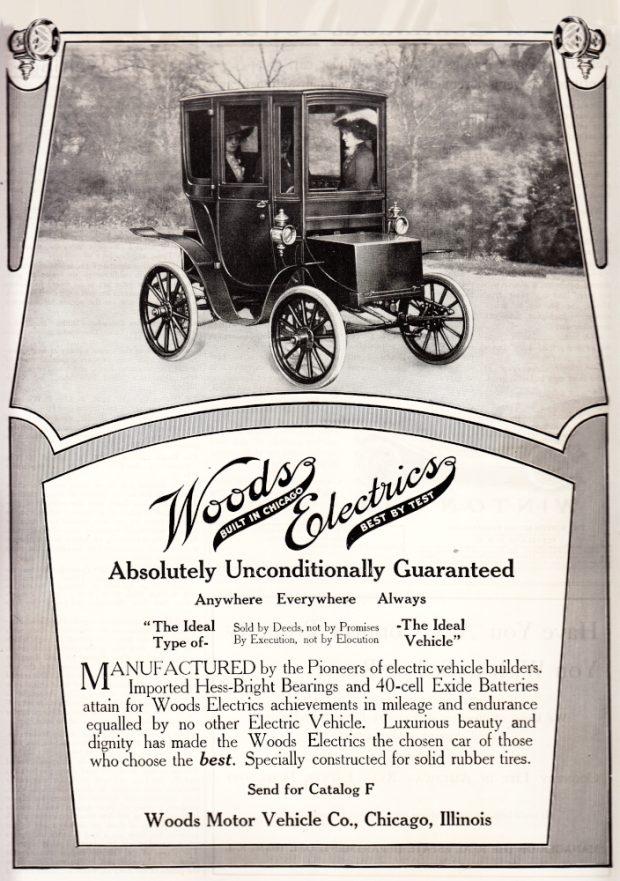 Advertisement showing a doctored photograph of three well-dressed women sitting in an electric car. Headline reads Woods Electrics: Built in Chicago / Best by Test.