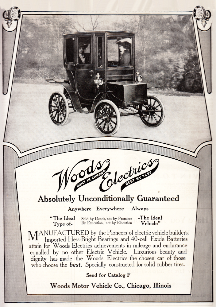 Advertisement showing a doctored photograph of three well-dressed women sitting in an electric car. Headline reads "Woods Electrics: Built in Chicago / Best by Test".