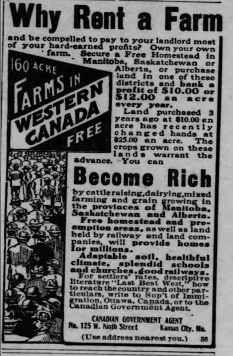 Vintage newspaper clipping with copy advertising land in Western Canada for settlement. There is a small graphic of many people in hats and coats on the left side.