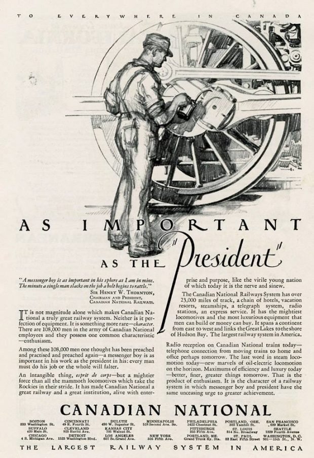 Black and white vintage advertisement with drawing on top half of image and advertisement copy on bottom half. The image is a sketch of a railway worker lubricating the wheel of a large locomotive.