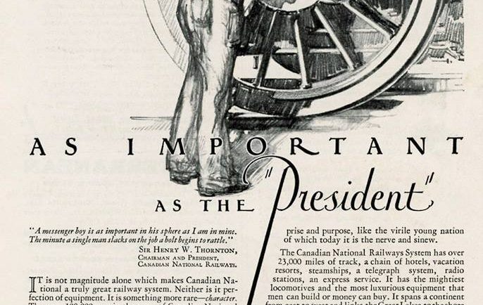 Black and white vintage advertisement with drawing on top half of image and advertisement copy on bottom half. The image is a sketch of a railway worker lubricating the wheel of a large locomotive.
