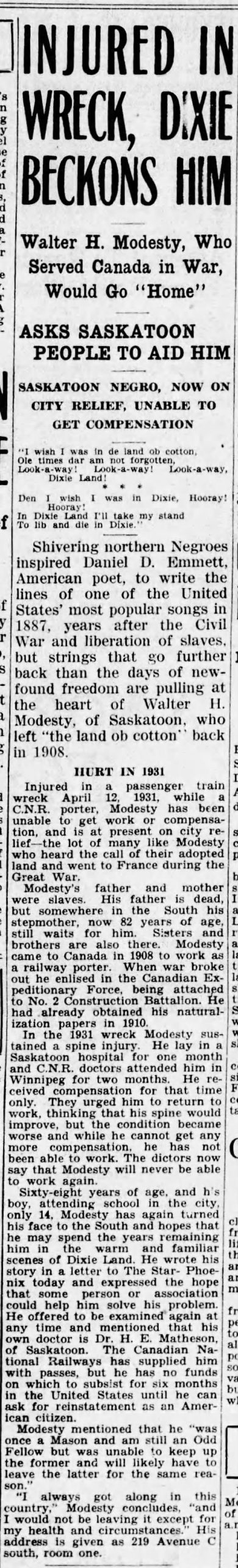 Black and white scan of a vintage newspaper clipping. The article is long and narrow, with the headline "INJURED IN WRECK, DIXIE BECKONS HIM" in large letters at the top. There are three subheadings and three sets of paragraphs below.