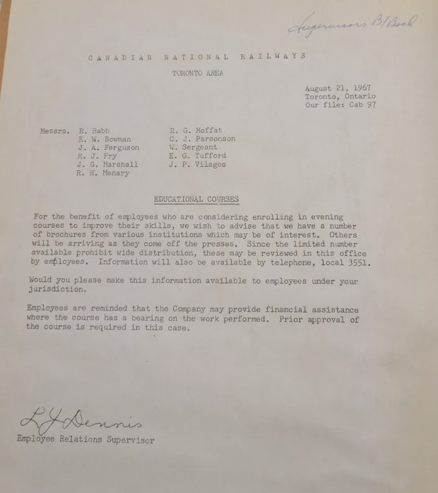 Colour photograph of a text document that has been typed on a typewriter. The document has CANADIAN NATIONAL RAILWAYS typed at the top and several names below. It is a memo of three paragraphs and is signed at the bottom.