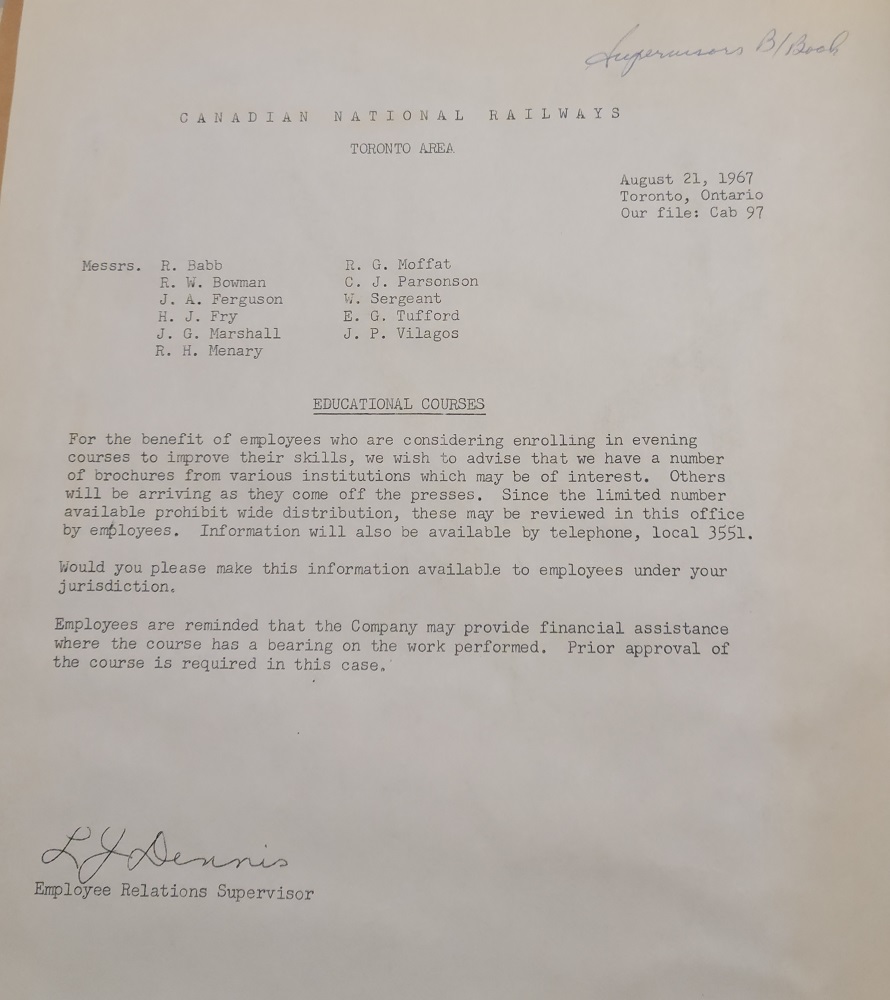Colour photograph of a text document that has been typed on a typewriter. The document has "CANADIAN NATIONAL RAILWAYS" typed at the top and several names below. It is a memo of three paragraphs and is signed at the bottom.
