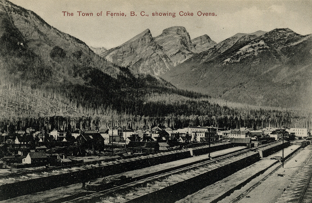 The town of Fernie with two rows of coke ovens and railway tracks in front, mountains in the background.