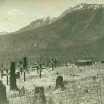 Crosses on graves in St. Margaret’s Cemetery, Fernie, BC marking the graves of miners killed in the 1902 Coal Creek mine explosion.