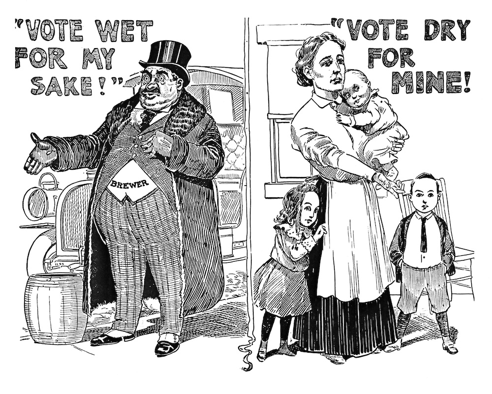 Newspaper cartoon showing a fat man in a morning suit and top hat on the left and a woman with two children standing beside her and holding a baby.