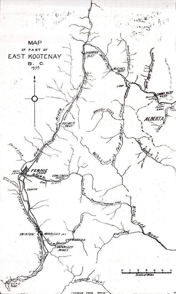 Map showing communities, rivers, railway and roads.