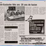 An article marking the twentieth anniversary of the merger of the Parish and the City of Saint-Eustache