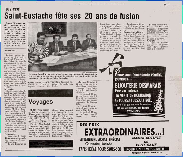 A newspaper article entitled “Saint-Eustache celebrates the 20th anniversary of the merger”, showing a photo of the mayor in 1992, Jean Prévost, surrounded by members of the 20th anniversary celebrations organizing committee.