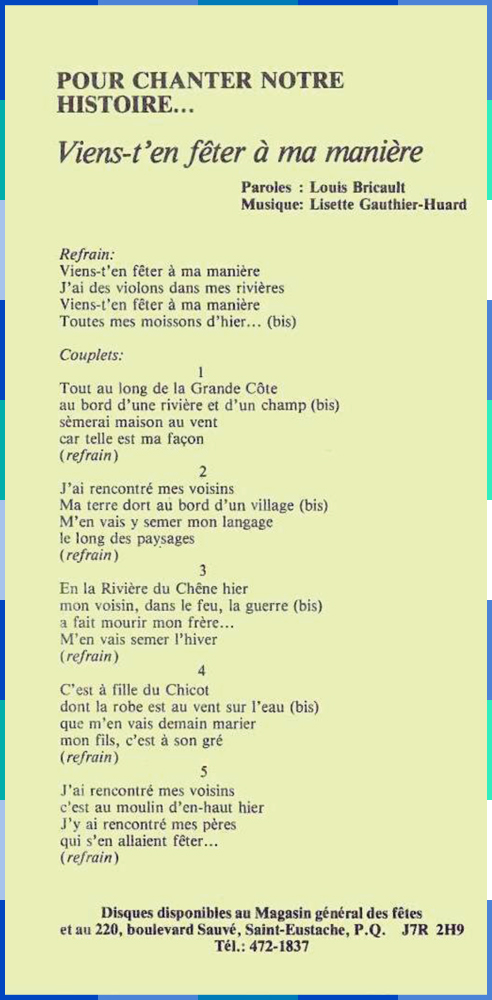 The words of the theme song for the Fêtes du Vieux Saint-Eustache.