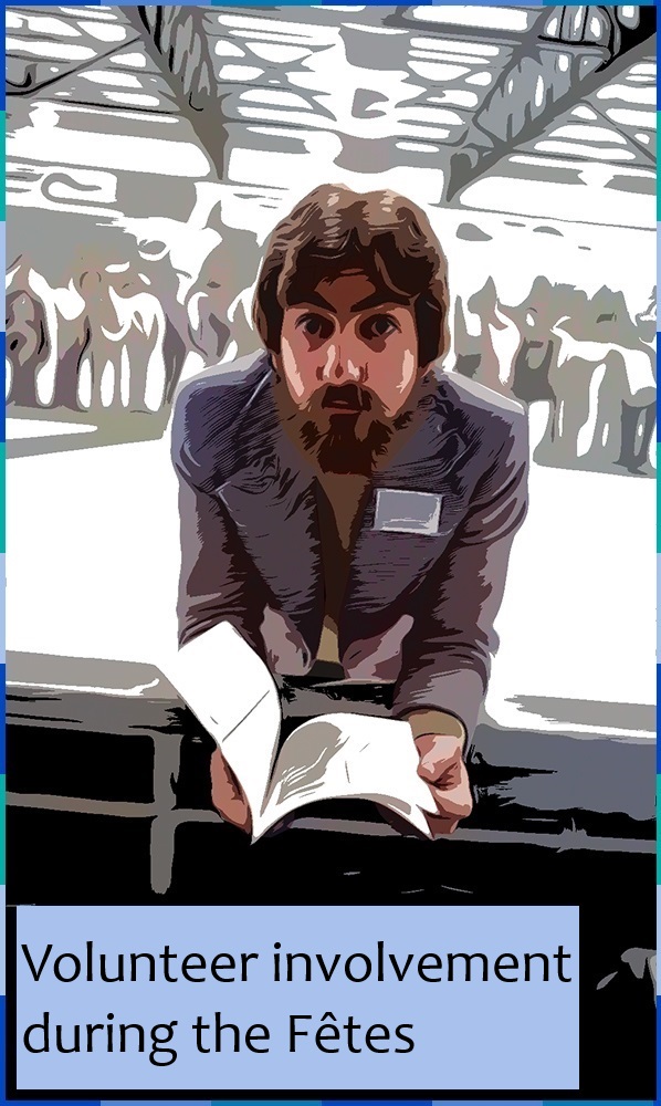 A photograph, edited to look like a comic strip, of Sylvain H. Boileau leaning on a low wall to look at a brochure. On the lower left corner are the words: “Volunteer involvement during the Fêtes”.