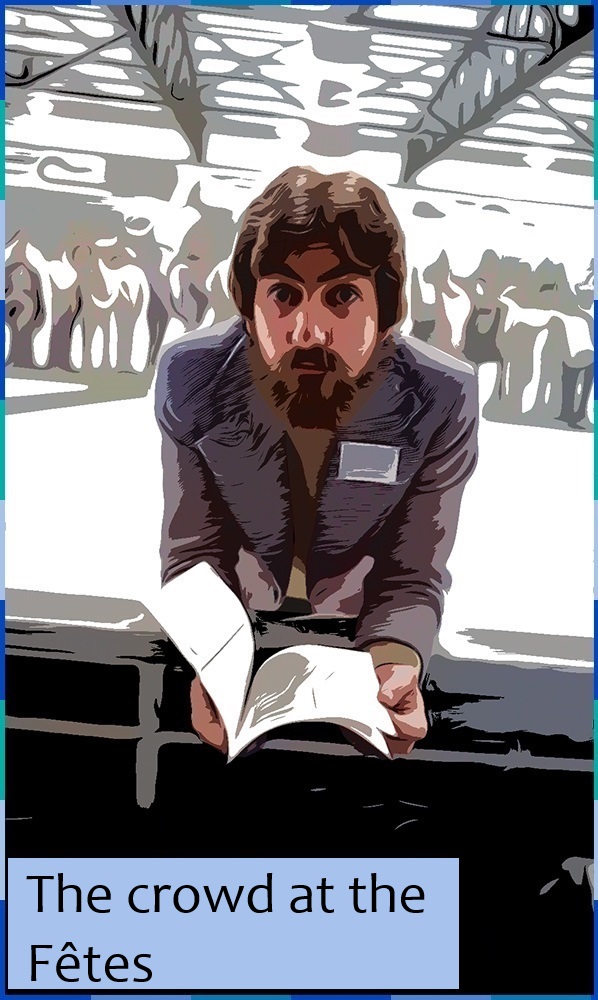 A photograph, edited to look like a comic strip, of Sylvain H. Boileau leaning on a low wall to look at a brochure. On the lower left corner are the words: “The crowd at the Fêtes”.