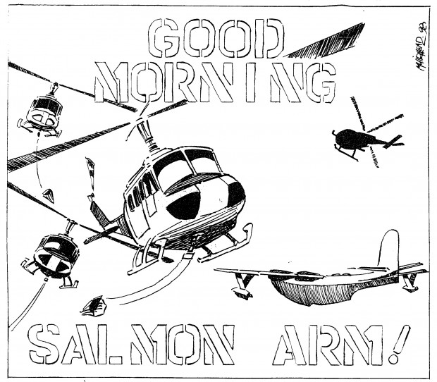 Cartoon of helicopters and aeroplanes flying.