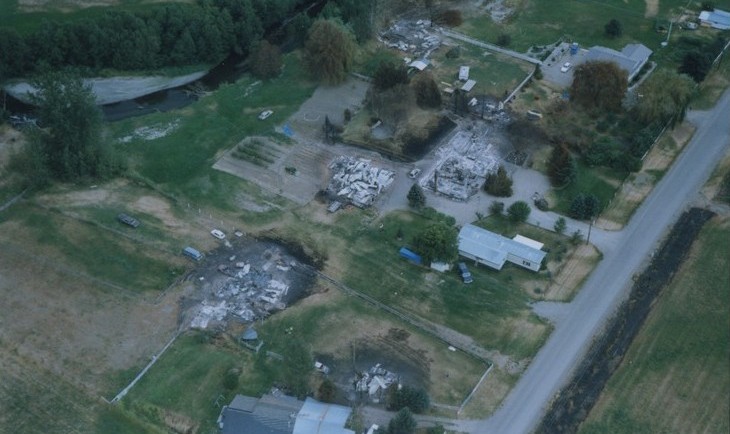 Aerial view of homes destroyed by fire.